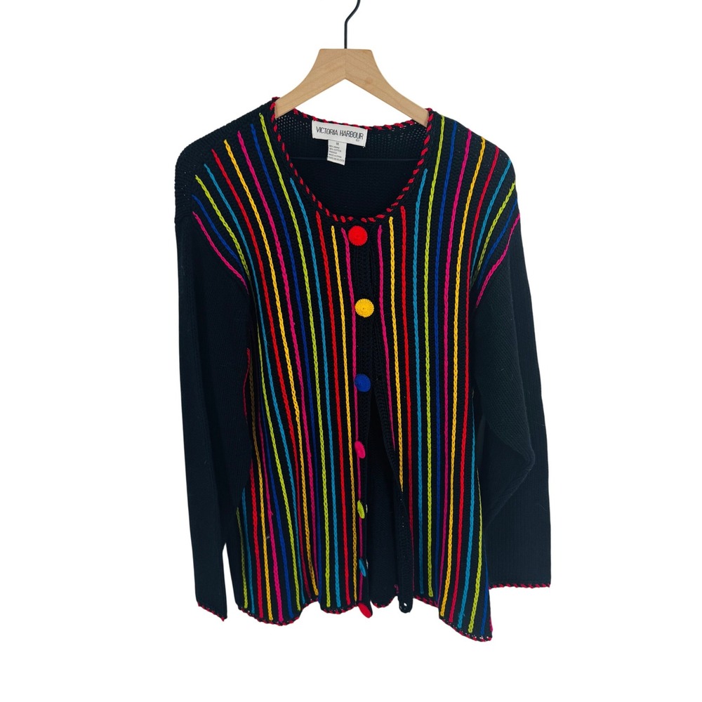 Vintage Victoria Harbour Rainbow Stripe Knit Cardigan Black Size‎ 1X Eclectic